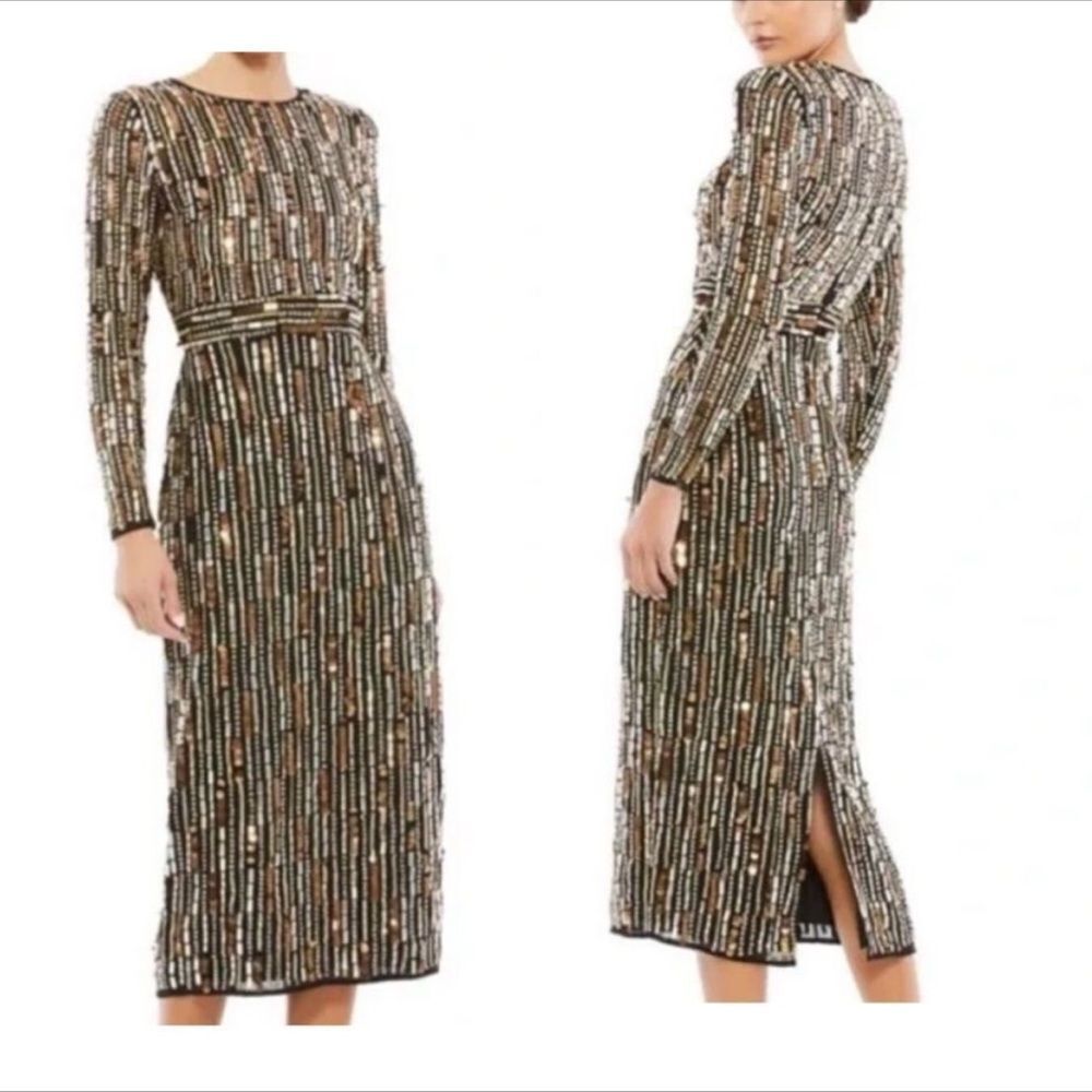 Mac Duggal Black Beaded Long Sleeve Embellished Midi Dress| Size 4